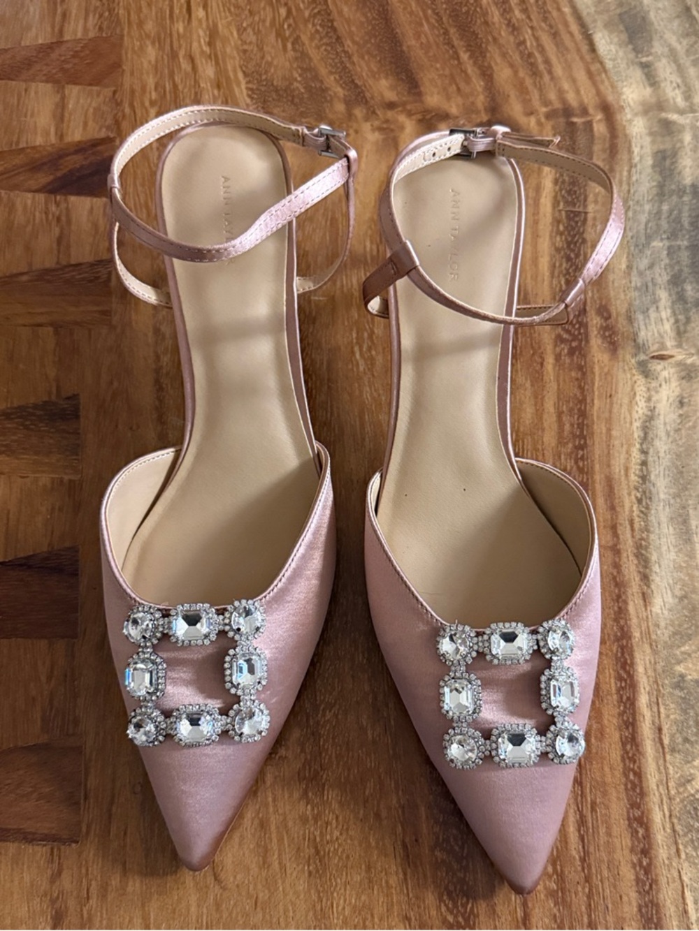 Ann Taylor Blush Pink Satin Pointed-Toe Ankle-Strap Heels with Gem Buckle **New”